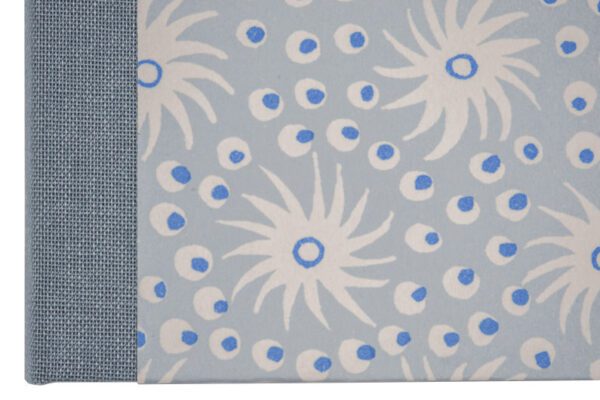 A blue and white floral pattern on a book cover.