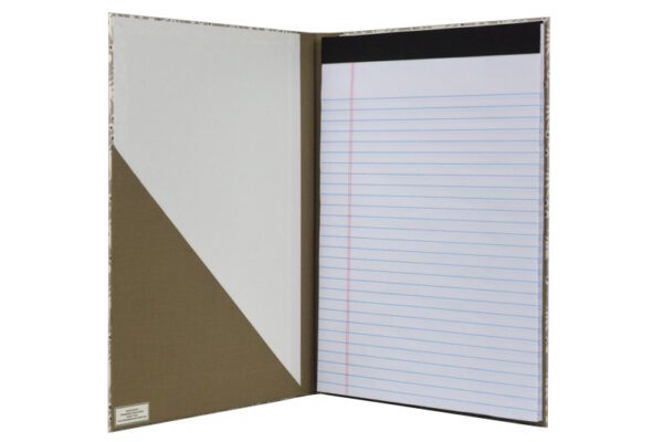 A notebook with lined paper and a brown cover.