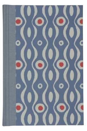 A blue book cover with red and white designs.