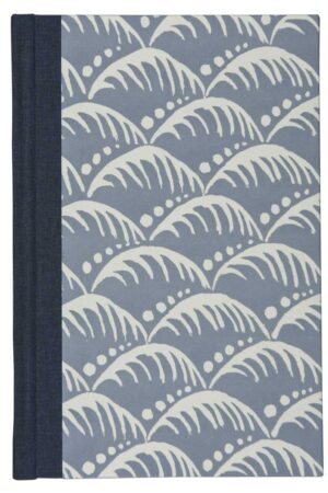 A blue and white book cover with waves