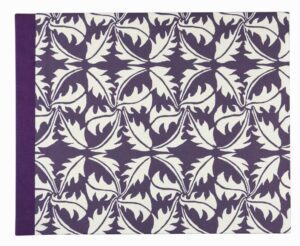 A purple and white pattern with leaves on it.