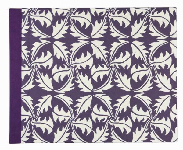 A purple and white pattern with leaves on it.