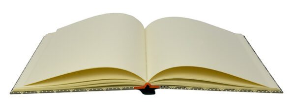 A book opened to the pages with blank sheets of paper.