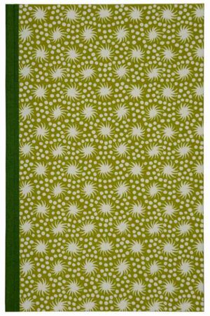 A green book cover with white flowers on it.