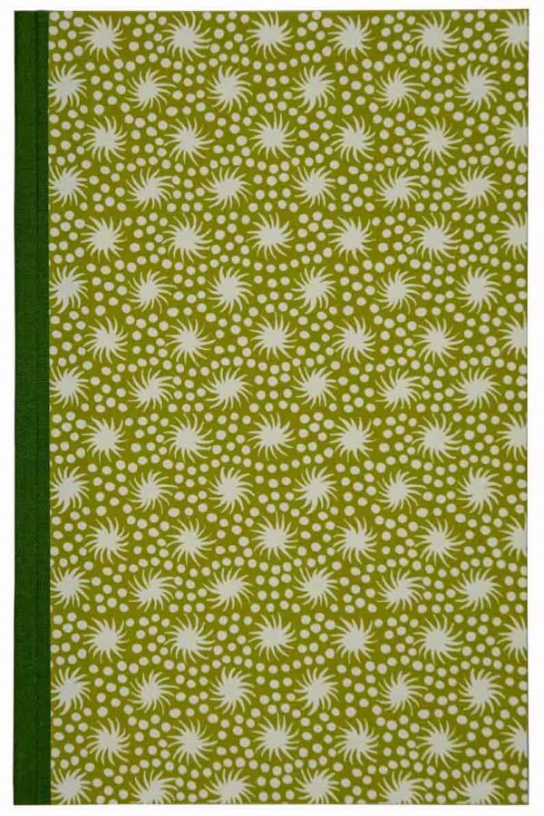 A green book cover with white flowers on it.