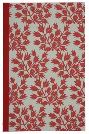 A red and white book cover with leaves