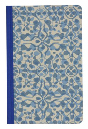 A blue and white book cover with a pattern of skulls.