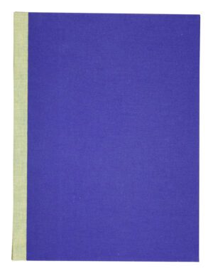 A blue book with yellow edges on top of it.