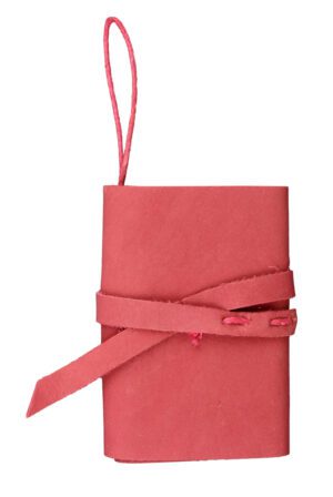 A pink book with a strap around the end of it.