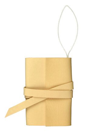 A yellow bag with a string attached to it.