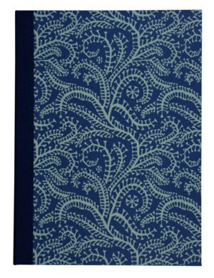 A blue book cover with a pattern of leaves.