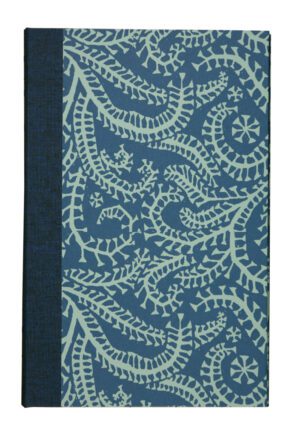 A blue book cover with a pattern of leaves.