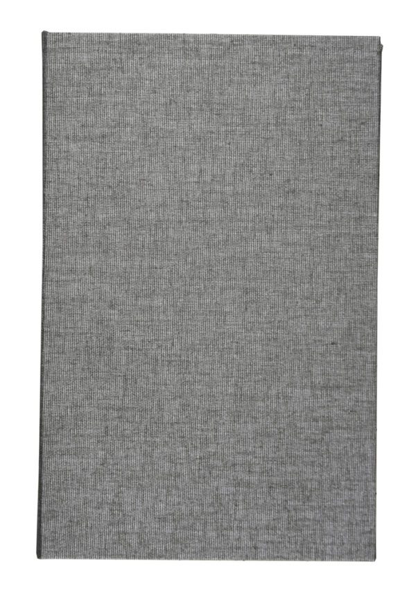 A gray rug with a pattern of squares.