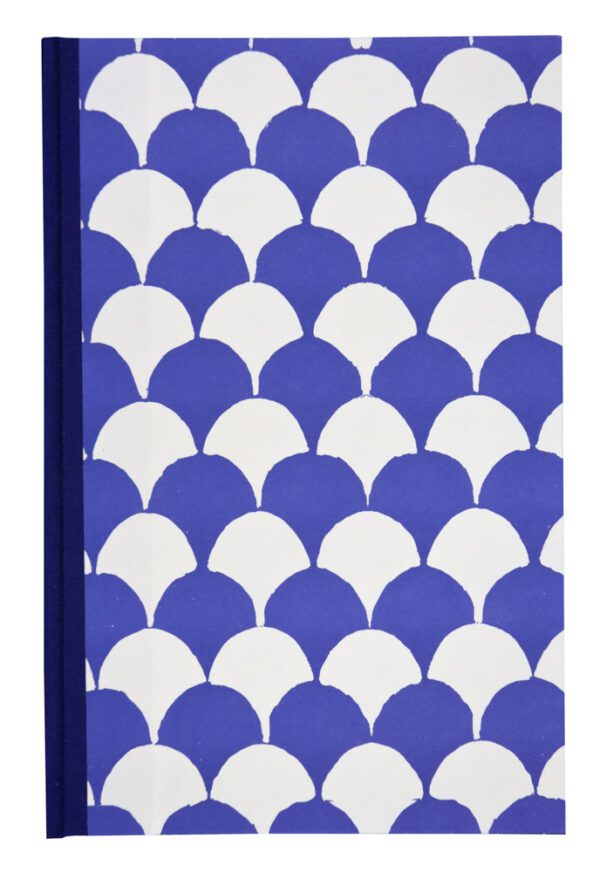 A blue and white pattern is shown on the cover of a book.