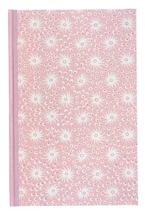 A pink book cover with white flowers on it.