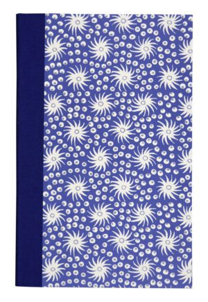 A blue book cover with white flowers on it.