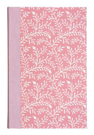 A pink book cover with white leaves on it.