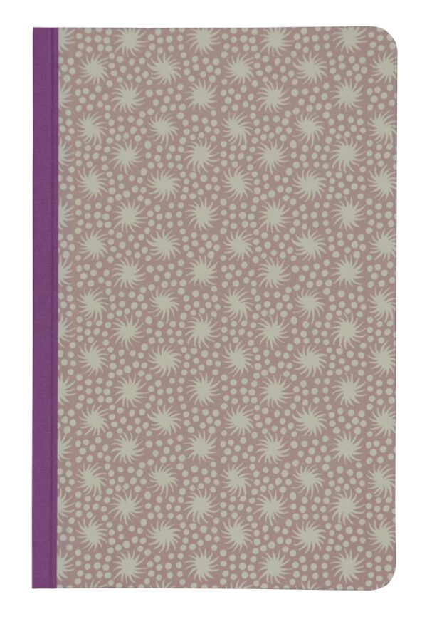 A purple and white floral pattern on a book cover.