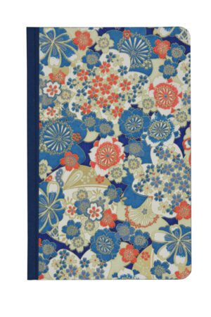 A blue and red floral pattern on the cover of a book.