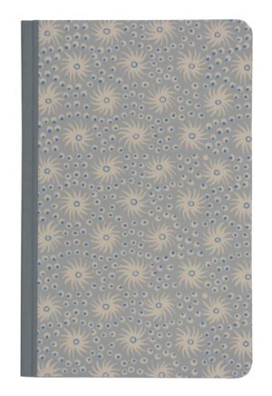 A blue book cover with a pattern of flowers.