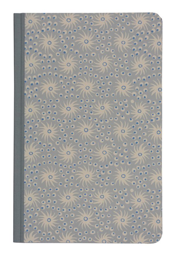 A blue book cover with a pattern of flowers.