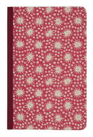 A red book cover with white flowers on it.