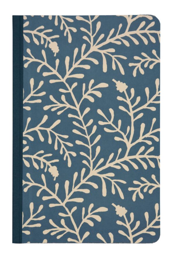 A blue and white book cover with leaves