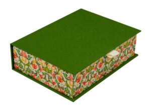 Green box with floral patterned edges.