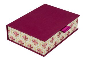 Burgundy box with floral patterned lining.