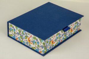 Blue box with floral patterned lining.