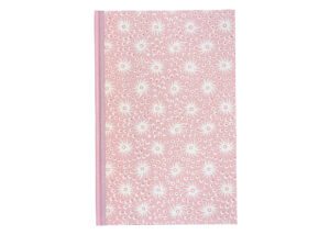 Pink notebook with white floral pattern.