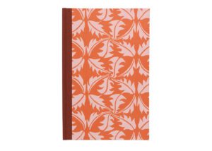 Orange notebook with pink leaf pattern.