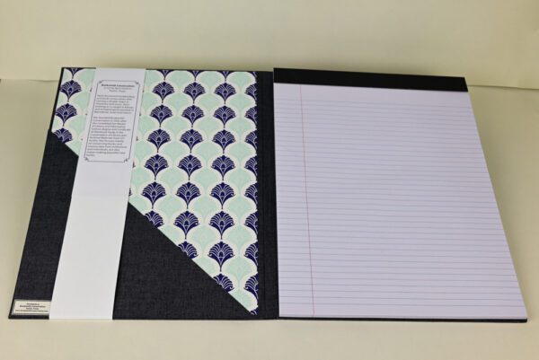 Large Refillable Notepad Holder--Sable Duo Cloth Exterior with Dark Blue and Aqua Letterpress Printed Shell Patterned Paper - Image 2