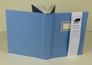 Handmade writer's journal, blue linen cover.
