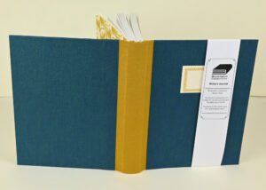 Teal writer's journal with gold spine.